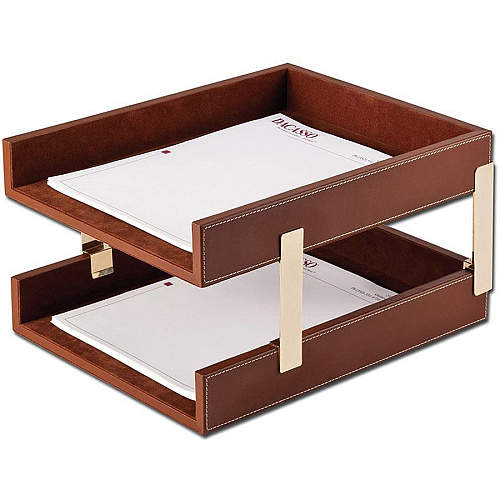 Dacasso Front Load Letter Tray With Gold Posts 7.75" Height x 10.60" Width x 15.25" Length - Desktop - Brown - Leather - 1 Each (A3220)