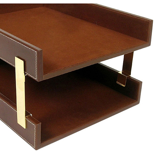 Dacasso Front Load Letter Tray With Gold Posts 7.75" Height x 10.60" Width x 15.25" Length - Desktop - Brown - Leather - 1 Each (A3220)