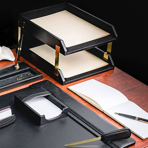 Dacasso Double Letter/ Legal Tray 2 Tier(s) - 7.25" Height x 10.50" Width x 13.75" Length - Black - Leather - 1 Each (A1020)