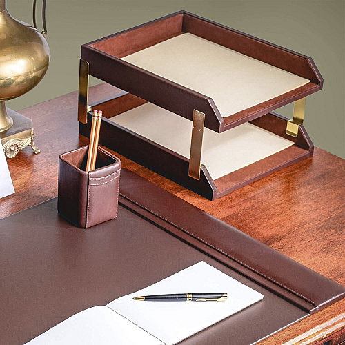 Dacasso Front Load Double Letter Tray 2" Height x 10.50" Width x 13.75" Length - Desktop - Chocolate - Leather - 1 Each (A3420)