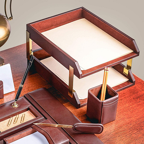 Dacasso Front Load Double Letter Tray 2" Height x 10.50" Width x 13.75" Length - Desktop - Chocolate - Leather - 1 Each (A3420)