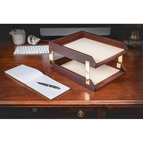 Dacasso Front Load Double Letter Tray 2" Height x 10.50" Width x 13.75" Length - Desktop - Chocolate - Leather - 1 Each (A3420)
