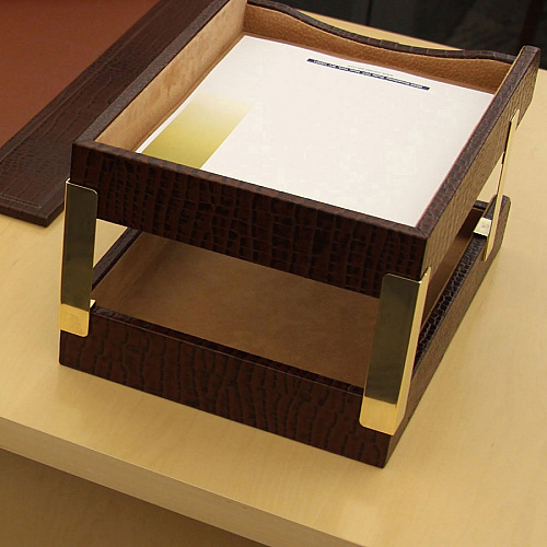 Dacasso Double Front Load Trays 2" Height x 10.50" Width x 13.75" Length - Desktop - Brown - Leather - 1 Each (A2020)