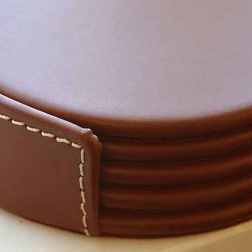 Dacasso Coaster Set with Holder 4 Coaster of 4" Diameter - Circle - Brown - Leather - 1Each - 1 Each (A3245)