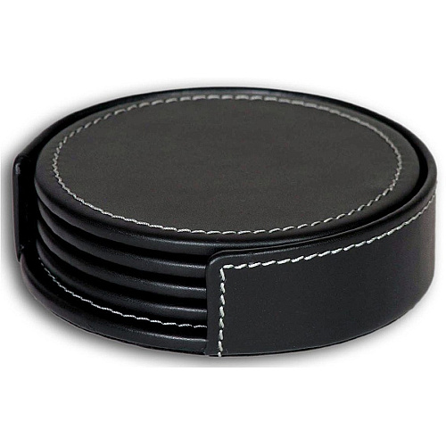 Dacasso Coaster Set with Holder 4 Coaster - Circle - Black - Leather - 1Each - 1 Each (A1245)