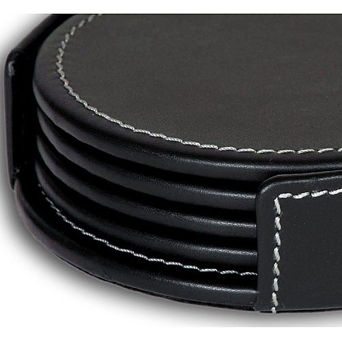 Dacasso Coaster Set with Holder 4 Coaster - Circle - Black - Leather - 1Each - 1 Each (A1245)