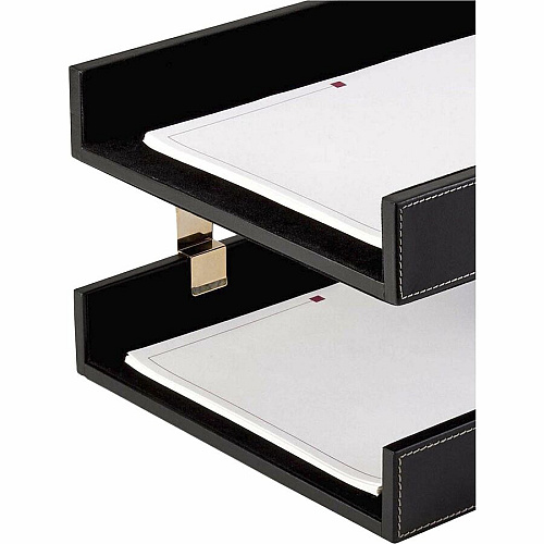 Dacasso Double Front Load Stacking Letter Tray 2" Height x 10.60" Width x 13.75" Length - Desktop - Black - Leather - 1 Each (A1220)