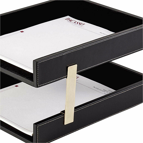 Dacasso Double Front Load Stacking Letter Tray 2" Height x 10.60" Width x 13.75" Length - Desktop - Black - Leather - 1 Each (A1220)