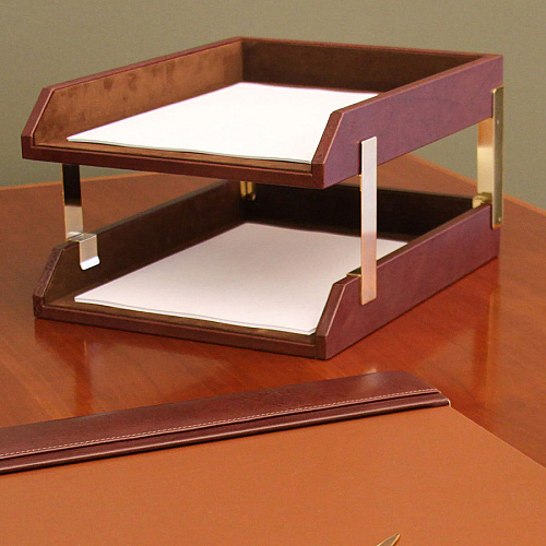 Dacasso Double Front Load Letter / Legal Trays 2" Height x 10.50" Width x 13.75" Length - Desktop - Mocha - Leather - 1 Each (A3020)