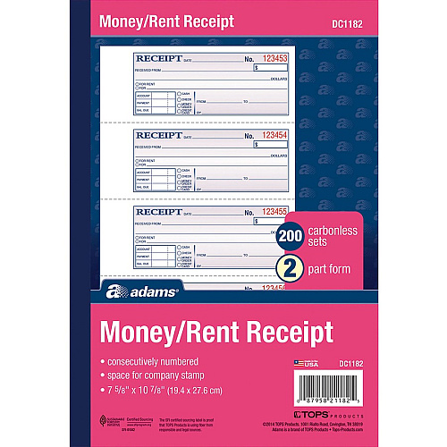 Adams Money/Rent Receipt Book 200 Sheet(s) - Tape Bound - 2 Part - Carbonless Copy - 7.62" x 11" Sheet Size - White - 1 Each (DC1182)