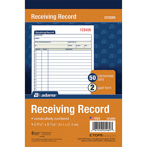 Adams Carbonless Receiving Record Book 50 Sheet(s) - 2 Part - Carbonless Copy - 5.56" x 8.43" Sheet Size - White - 1 Each (DC5089)