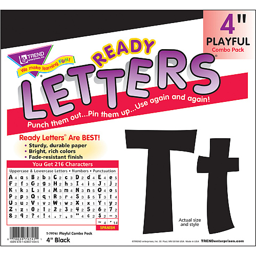 Trend 4" Ready Letter Playful Combo Pack 83 x Lowercase Letters, 59 x Capital Letter, 36 x Punctuation Marks, 18 x Spanish Accent Mark Shape - Pin-up - Pin Style - Pre-punched - 4" Height x 8" Length - Black - 216 / Pack (79741)