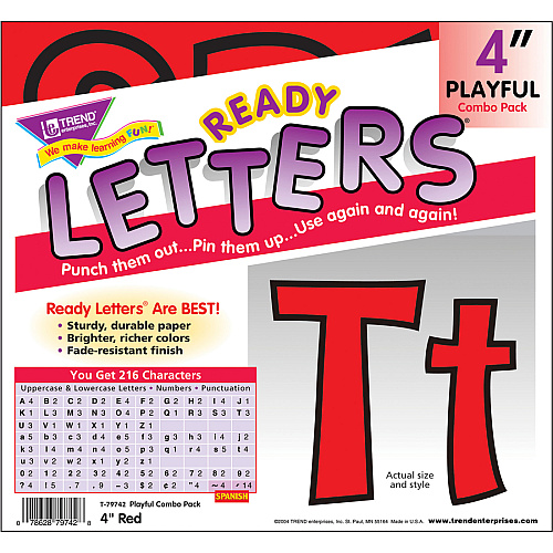 Trend 4" Ready Letter Playful Combo Pack 83 x Lowercase Letters, 59 x Capital Letter, 36 x Punctuation Marks, 18 x Spanish Accent Mark Shape - Pin-up - Pin Style - Pre-punched - 4" Height x 9" Length - Red - 216 / Pack (79742)