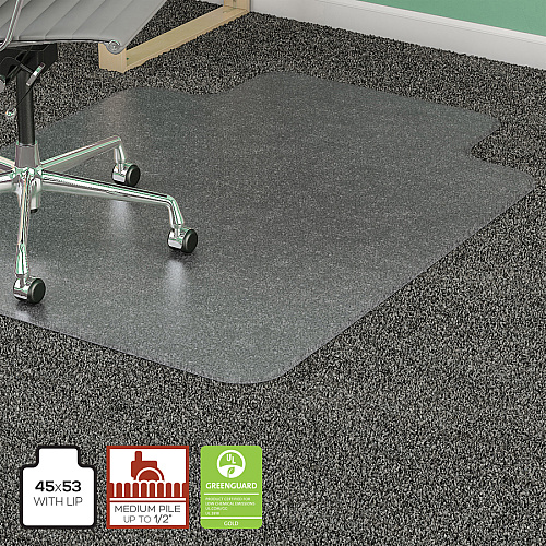 Lorell Medium-Pile Wide Lip Chairmat 53" Length x 45" Width x 0.133" Thickness - Lip Size 12" Length x 25" Width - Vinyl - Clear - 1 Each (LLR25756)