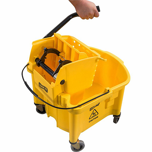 Genuine Joe Splash Shield Mop Bucket/Wringer 6.50 gal - Wringer, Caution Sign, Handle, Measurement Marking, Caster, Putty Knife Holder, Mop Stick Holder - Plastic, Metal - Black, Yellow - 1 Each (GJO60466)