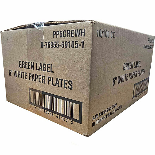 AJM 6" Green Label Economy Paper Plates Microwave Safe - 6" Diameter - White - Paper Body - 100/Bag - 10 / Carton (PP6GRE)
