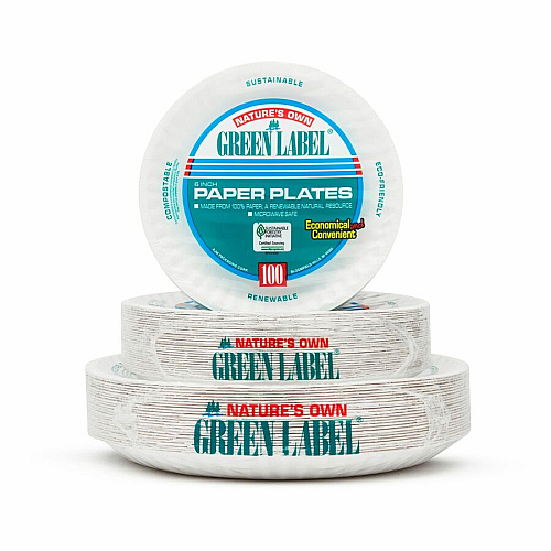 AJM 9" Green Label Economy Paper Plates Microwave Safe - 9" Diameter - White - Paper Body - 100/Bag - 12 / Carton (PP9GRA)