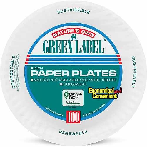 AJM 9" Green Label Economy Paper Plates Microwave Safe - 9" Diameter - White - Paper Body - 100/Bag - 12 / Carton (PP9GRA)