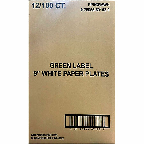 AJM 9" Green Label Economy Paper Plates Microwave Safe - 9" Diameter - White - Paper Body - 100/Bag - 12 / Carton (PP9GRA)