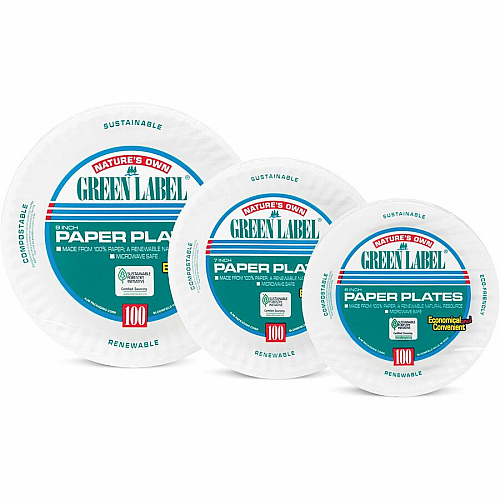 AJM 9" Green Label Economy Paper Plates Microwave Safe - 9" Diameter - White - Paper Body - 100/Bag - 12 / Carton (PP9GRA)