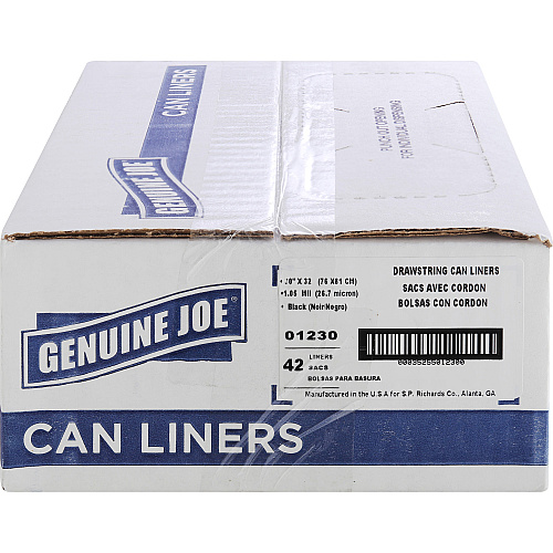Genuine Joe Flexible Drawstring Trash Can Liners Medium Size - 30 gal Capacity - 32" Length x 30" Width x 1.05 mil (27 Micron) Thickness - Low Density - Drawstring Closure - Black - Resin - 42/Box - 1 / Carton (GJO01230)