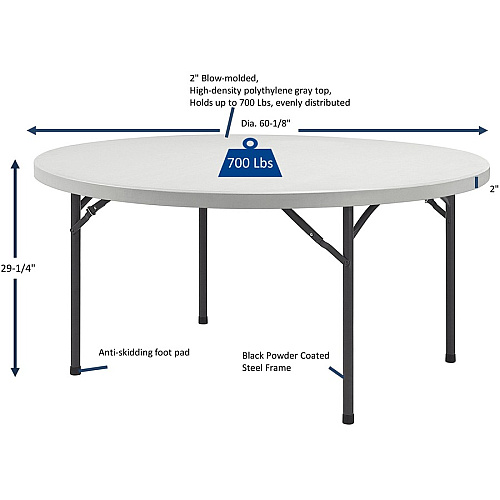 Lorell Ultra-Lite Banquet Folding Table Round Top - 700 lb Capacity - 60" Table Top Diameter - 29.25" Height - Indoor, Outdoor - Gray - 1 Each (LLR60326)