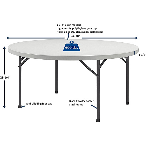 Lorell Ultra-Lite Banquet Folding Table Round Top - 600 lb Capacity - 48" Table Top Diameter - 29.25" Height x 48" Width x 48" Depth - Indoor, Outdoor - Gray, Powder Coated - 1 Each (LLR60327)