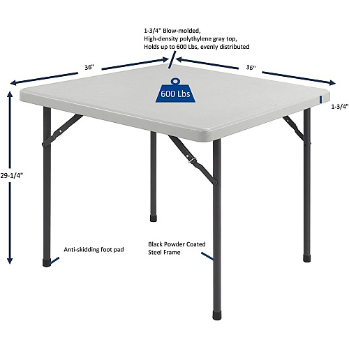 Lorell Ultra-Lite Banquet Folding Table Square Top - 600 lb Capacity - 29" Height x 36" Width x 36" Depth - Indoor, Outdoor - Gray, Powder Coated - 1 Each (LLR60328)