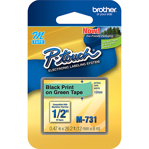 P-touch P-touch Nonlaminated M Series Tape Cartridge 1/2" Width x 26 1/5 ft Length - Rectangle - Direct Thermal - Green, Black - 1 Each (M731)