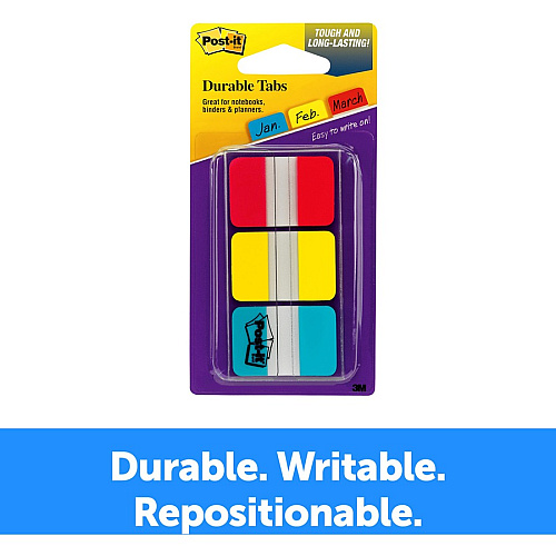 Post-it&reg; Durable Tabs 36 Write-on Tab(s) - 1.50" Tab Height x 1" Tab Width - Red, Yellow, Blue Tab(s) - Wear Resistant, Tear Resistant, Repositionable - 36 / Pack (686RYBT)