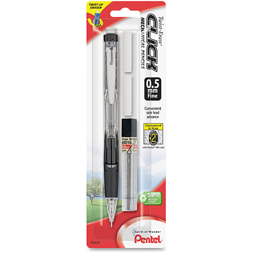 Pentel .5mm Twist Erase Click Mechanical Pencils 0.5 mm Lead - #2 - Refillable - Transparent Barrel - 1 / Pack (PD275TLEBP)