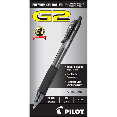 Pilot G2 Retractable Gel Ink Rollerball Pens 0.7 mm Fine Pen Point - Refillable - Retractable - Black Ink - Gel-based - 1 Dozen (31170)