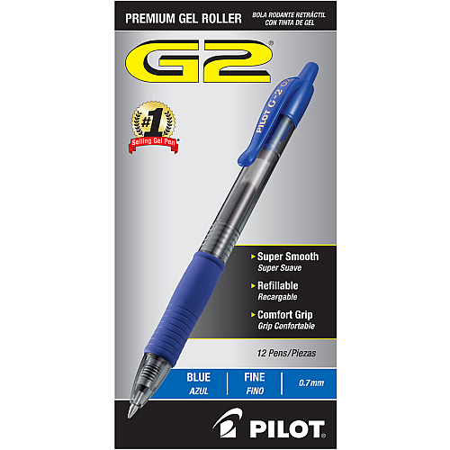 Pilot G2 Retractable Gel Ink Rollerball Pens 0.7 mm Fine Pen Point - Refillable - Retractable - Blue Ink - Gel-based - 1 Dozen (31171)