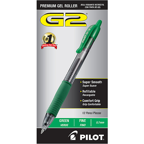 Pilot G2 Retractable Gel Ink Rollerball Pens 0.7 mm Fine Pen Point - Refillable - Retractable - Green Ink - Gel-based - 1 Dozen (31177)