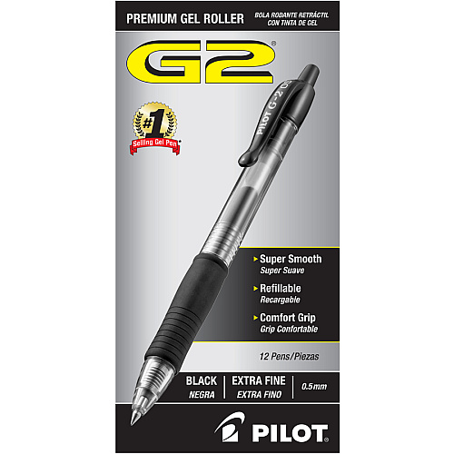 Pilot G2 Retractable XFine Gel Ink Rollerball Pens 0.5 mm Extra Fine Pen Point - Refillable - Retractable - Black Ink - Gel-based - 1 Dozen (31103)