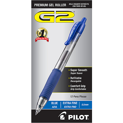 Pilot G2 Retractable XFine Gel Ink Rollerball Pens 0.5 mm Extra Fine Pen Point - Refillable - Retractable - Blue Ink - Gel-based - 1 Dozen (31104)
