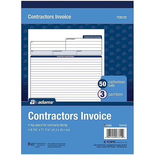 Adams Contractor's Invoice Book 50 Sheet(s) - 3 Part - Carbonless Copy - 8.37" x 11" Sheet Size - White - 1 Each (TC8122)