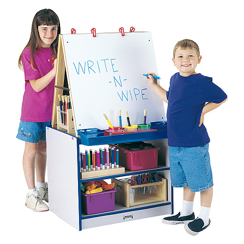 Jonti-Craft Rainbow Accents 2 Station Art Center Freckled Gray, Blue Stand - Floor Standing - Storage Shelf, Chip Resistant, Wheels, Durable, Easy to Clean, Removable Easel, Storage Shelf - Assembly Required - 1 Each (0289JCWW003)
