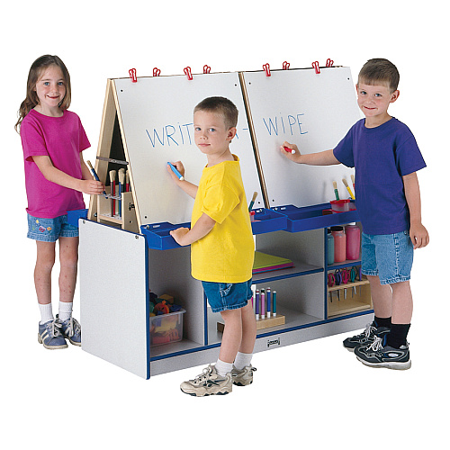 Jonti-Craft Rainbow Accents 4 Station Art Center Freckled Gray, Black Stand - Floor Standing - Removable Easel, Storage Shelf, Chip Resistant, Wheels, Durable, Laminated, Easy to Clean, Wipeable - Assembly Required - 1 Each (0294JCWW180)
