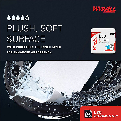 Wypall GeneralClean L30 Heavy Duty Cleaning Towels 12" Length x 12.50" Width - White - 90 / Pack (05812)