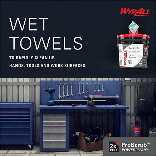 Wypall PowerClean ProScrub Heavy Duty Wet Towels For Hand, Tool, Nonporous Surface - Orange Citrus Scent - 12" Length x 9.50" Width - Recommended For: Grease Remover, Grime Remover, Oil Remover - Pre-moistened - 75/Tub - 6 / Carton (91371)