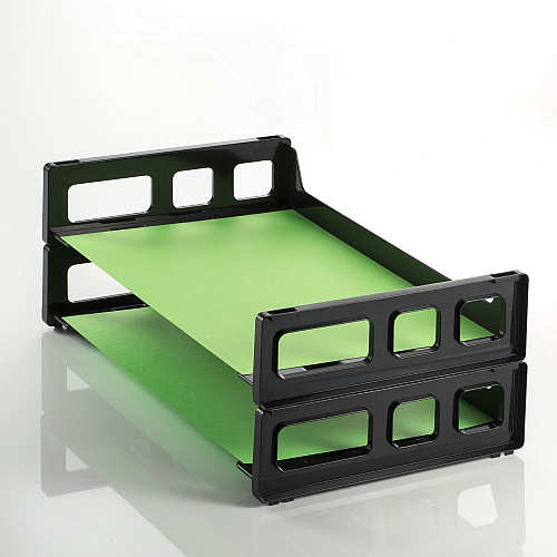 Officemate Side-Loading Desk Trays, 2PK 2.75" Height x 13.18" Width x 9" Depth - Desktop - Stackable, Durable - Black - Plastic - 2 / Pack (21022)