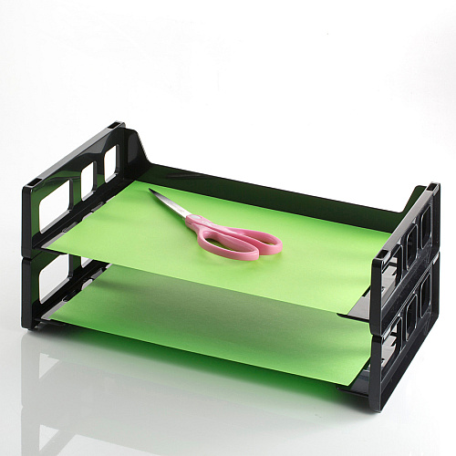 Officemate Side-Loading Desk Trays, 2PK 2.75" Height x 13.18" Width x 9" Depth - Desktop - Stackable, Durable - Black - Plastic - 2 / Pack (21022)