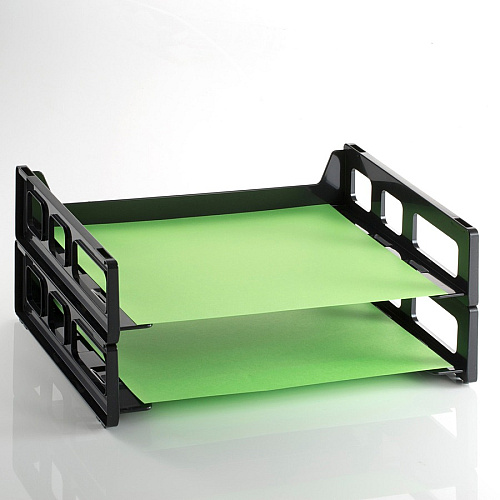 Officemate Side-Loading Desk Trays, 2PK 2.75" Height x 13.18" Width x 9" Depth - Desktop - Stackable, Durable - Black - Plastic - 2 / Pack (21022)
