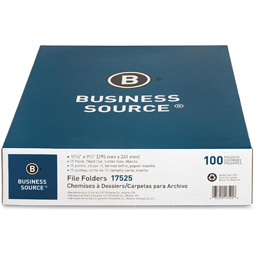 Business Source 1/3 Tab Cut Letter Recycled Top Tab File Folder 8 1/2" x 11" - 3/4" Expansion - Top Tab Location - Assorted Tab Position - 11 pt. - 1 Plys - Manila - Tab - 10% Recycled - 100 / Box (BSN17525)