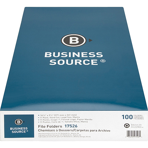 Business Source 1/3 Tab Cut Legal Recycled Top Tab File Folder 8 1/2" x 14" - 3/4" Expansion - Top Tab Location - Assorted Tab Position - 1 Plys - Manila - Manila - Tab - 10% Recycled - 100 / Box (BSN17526)
