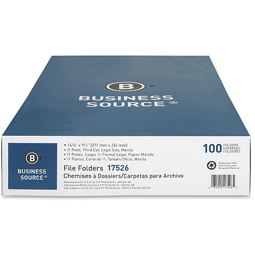 Business Source 1/3 Tab Cut Legal Recycled Top Tab File Folder 8 1/2" x 14" - 3/4" Expansion - Top Tab Location - Assorted Tab Position - 1 Plys - Manila - Manila - Tab - 10% Recycled - 100 / Box (BSN17526)