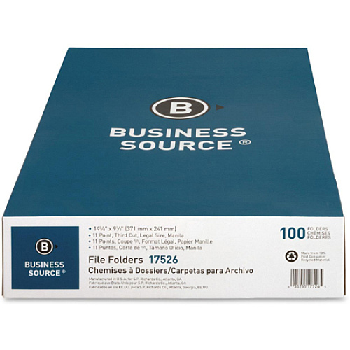 Business Source 1/3 Tab Cut Legal Recycled Top Tab File Folder 8 1/2" x 14" - 3/4" Expansion - Top Tab Location - Assorted Tab Position - 1 Plys - Manila - Manila - Tab - 10% Recycled - 100 / Box (BSN17526)