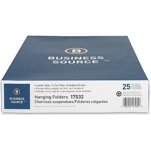 Business Source 1/3 Tab Cut Letter Recycled Hanging Folder 8 1/2" x 11" - 11 pt. - Standard Green - Acid-free - 100% Recycled - 25 / Box (BSN17532)