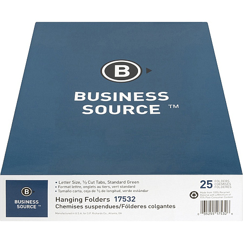 Business Source 1/3 Tab Cut Letter Recycled Hanging Folder 8 1/2" x 11" - 11 pt. - Standard Green - Acid-free - 100% Recycled - 25 / Box (BSN17532)
